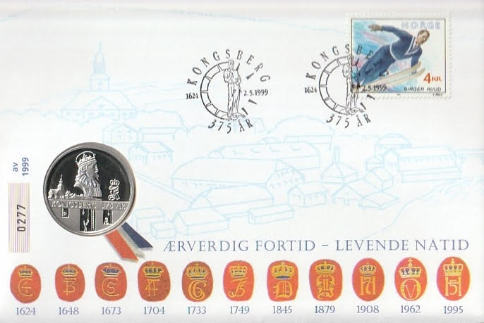 Myntbrev Kongsberg 375 r. Nr. 0277 av 1999. Medalje i 925S. 