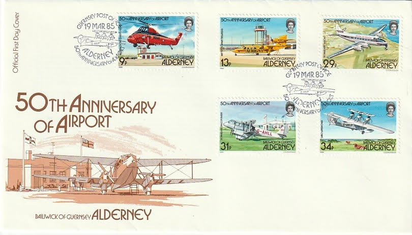 Alderney - First Day Cover - 50th Anniversary of Airport - 19mar1985.